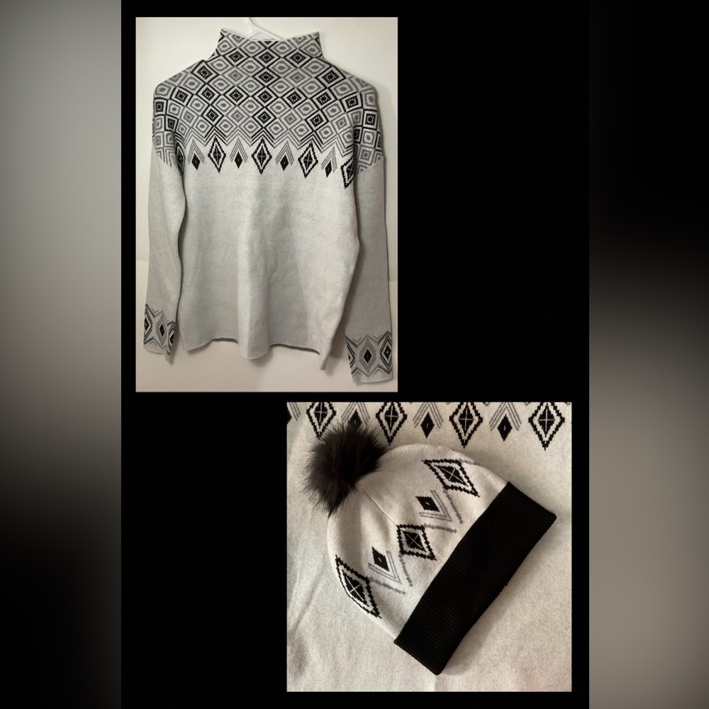 Tahari SET Turtleneck Sweater WITH Beanie Black White and Gray Size XS